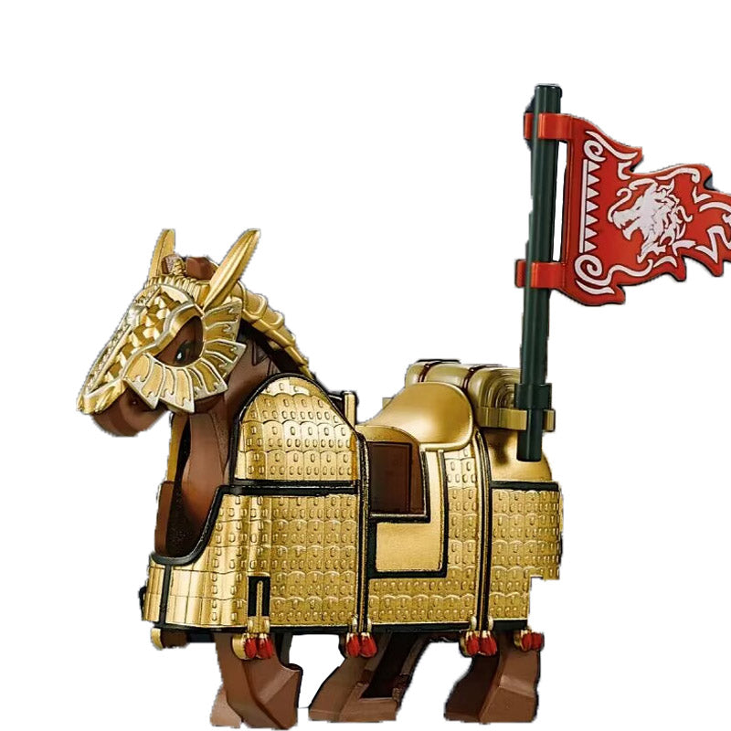 Ancient Chinese Three Kingdoms Heavy Armored War Horse Iron Butcher Building Blocks Armour Golden Scale Soldiers Mount Boys Gift