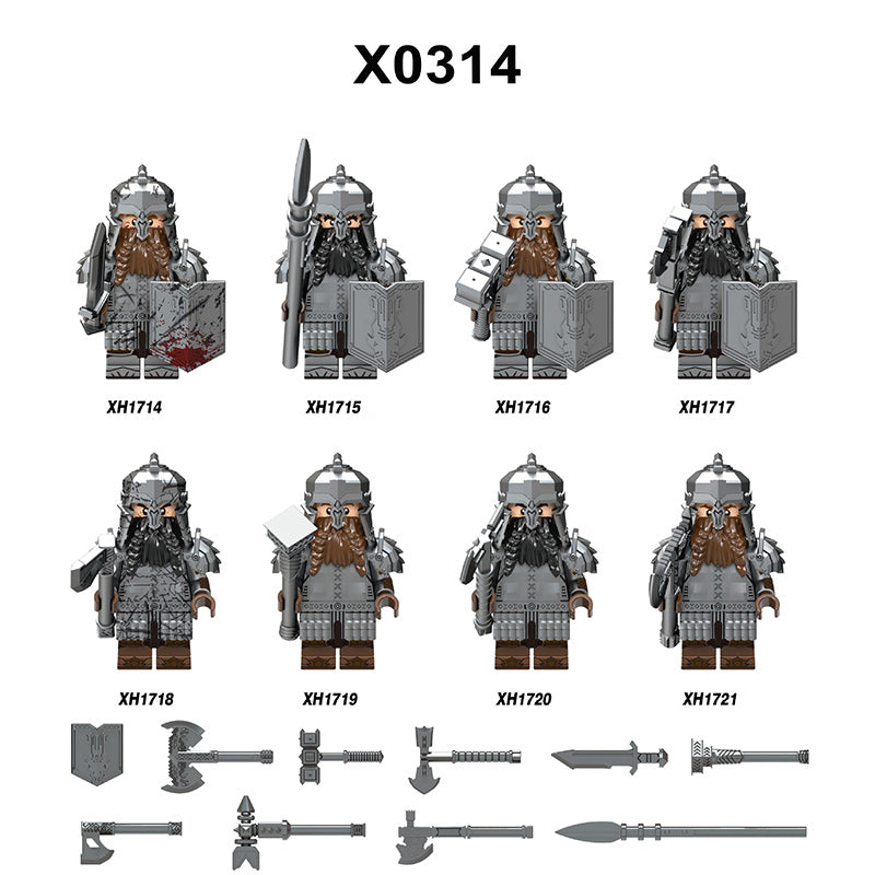 X0314 Lord of the Rings LOTR Hobbit Wars Minifigures Building Blocks Dwarf Warrior Medieval Military Ironfoot Durin's Folk Action Mini Figures Weapon Helmet Shield Armor Sword Assemble DIY MOC Accessories Movies Bricks Educational Toys Gift for Children